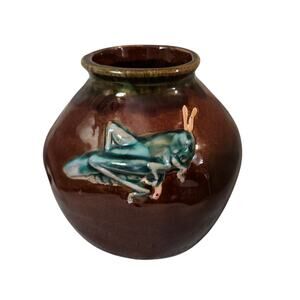 Brown Pottery Glazed Vase Jar Cricket 3d Emblem on Front Bug